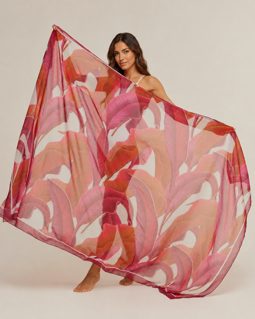 Pareo Pink Folhagem- Georgete/ 130x200