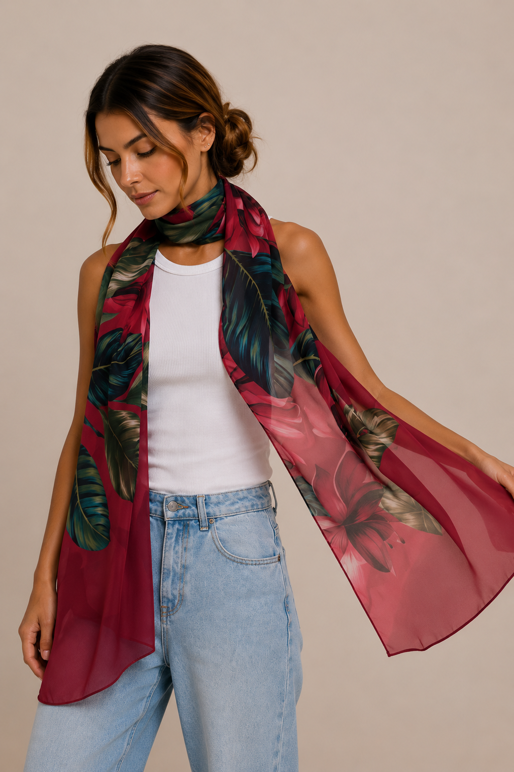 Chal Flor Flamingo- Mousseline de Seda/ 60x210 - Scarfme | Bufandas, Pañuelos, Chales, Turbantes