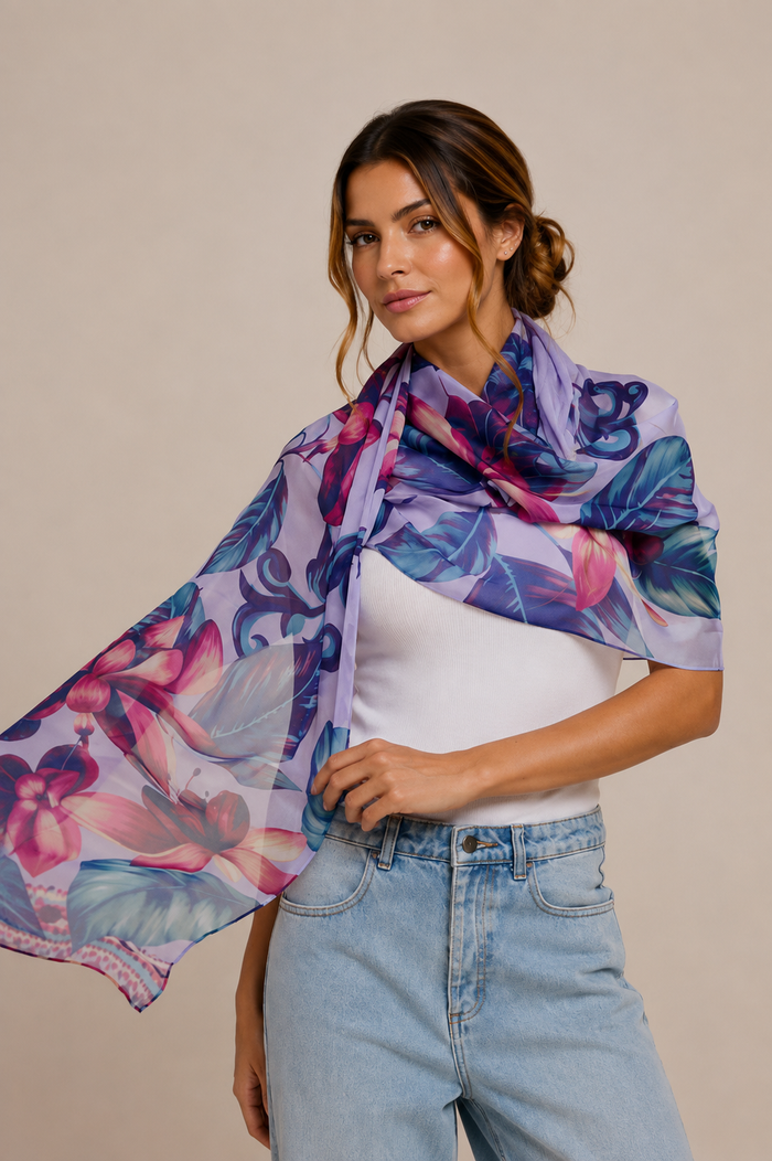 Chal Flor Flamingo- Mousseline de Seda/ 60x210 - Scarfme | Bufandas, Pañuelos, Chales, Turbantes
