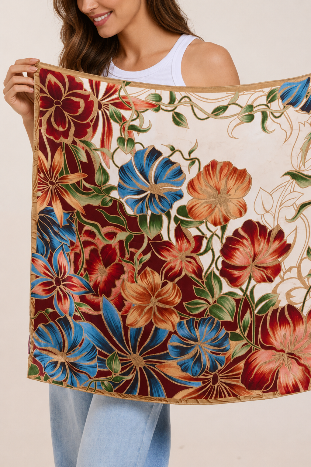 Pañuelo Marble Flowers- Satén de Seda/ 65x65