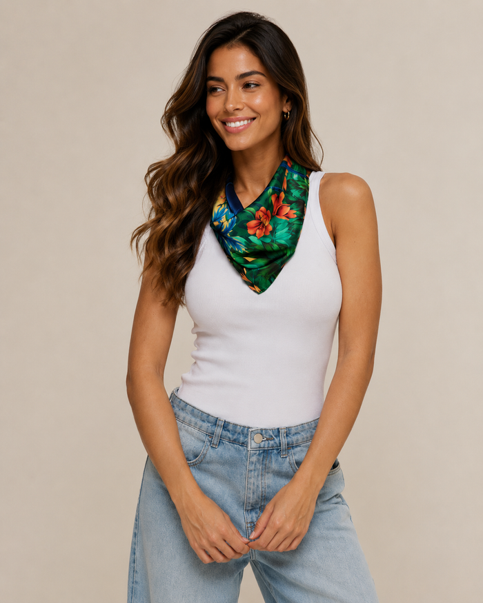 Pañuelo Brasil Tropical- Satén de Poliester/ 50x50 - Scarfme | Bufandas, Pañuelos, Chales, Turbantes