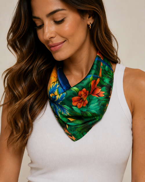 Pañuelo Brasil Tropical- Satén de Poliester/ 50x50 - Scarfme | Bufandas, Pañuelos, Chales, Turbantes