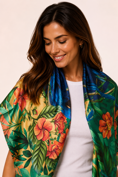 Pañuelo Brasil Tropical - Satén de Poliéster/ 90x90 - Scarfme | Bufandas, Pañuelos, Chales, Turbantes