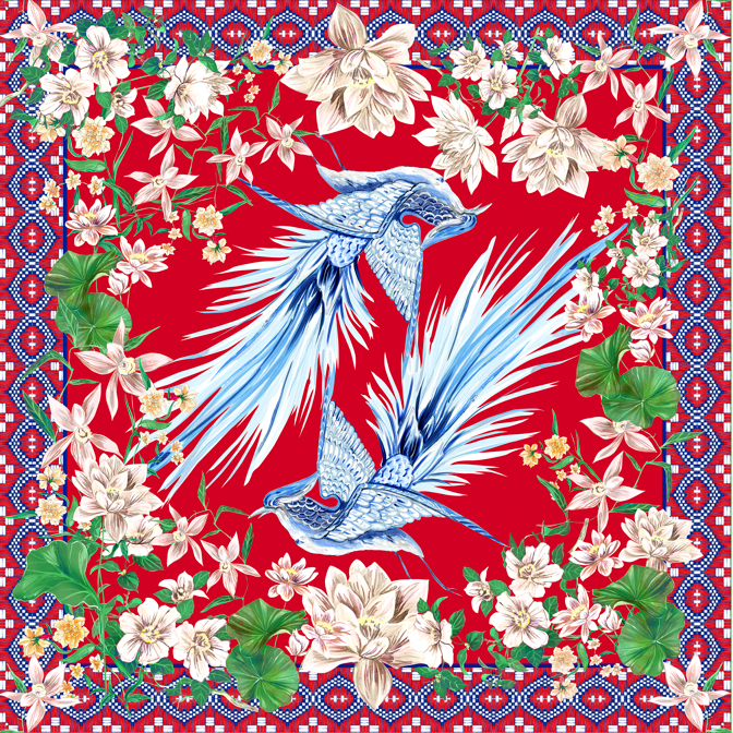 Pañuelo Pássaros Oriente- Twill de Seda/ 50x50 - Scarfme | Bufandas, Pañuelos, Chales, Turbantes